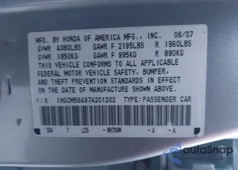 2007 Honda Accord 2.4 Lx z USA, uszkodzony, nr VIN 1HGCM56497A201202